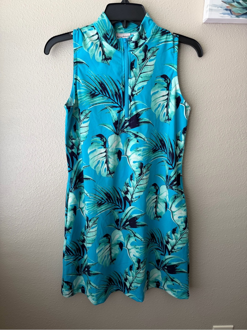 Tommy Bahama Golf Dress Womens Medium Blue Tropical Leaf Sleeveless Zip